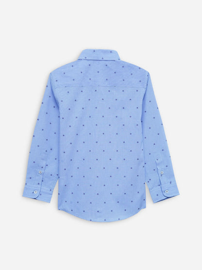 Blue cotton button-up shirt with allover small print, long sleeves and button cuffs