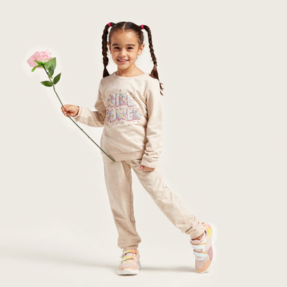 Kids' light grey long-sleeve top and jogger pants with colorful LOVE graphic