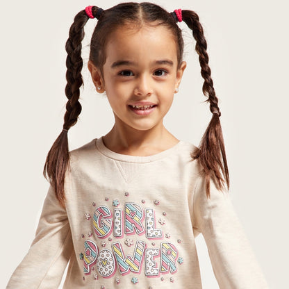 Kids' light grey long-sleeve top with colorful LOVE letters and small heart accents