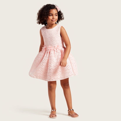 Pink sleeveless girls dress with gathered skirt, full view