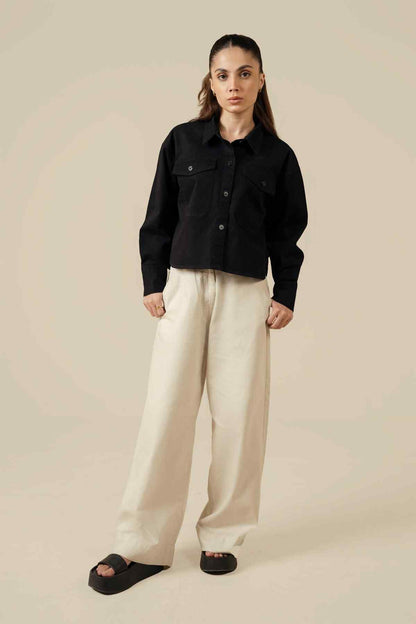 Miles black cropped button-front jacket with flap pockets, long sleeves