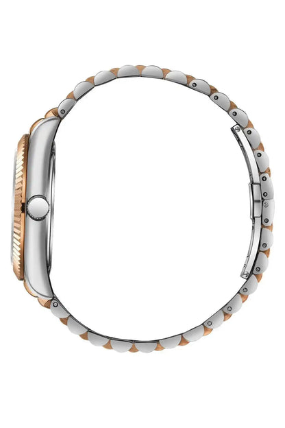 Two-tone wristwatch back, round case with silver links and gold-toned accents along band