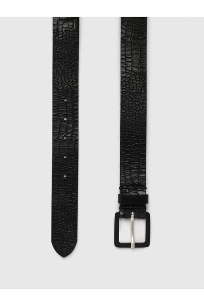 Black embossed leather belt with adjustable metal buckle and keeper