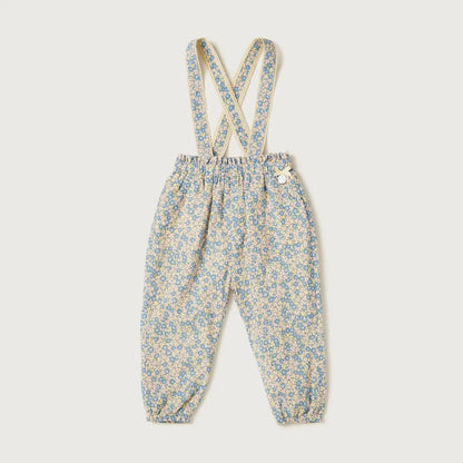 Blue floral suspender overalls for baby with X-back straps and button closure