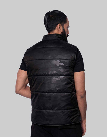 Bodybrics camo black quilted puffer vest back view with hood