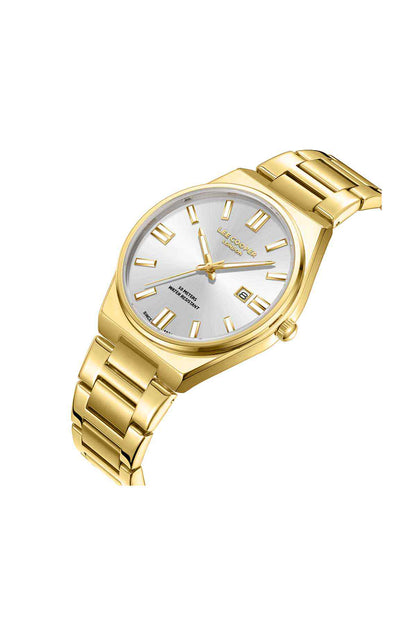 Gold analog wristwatch with round white dial and gold link bracelet, angled view