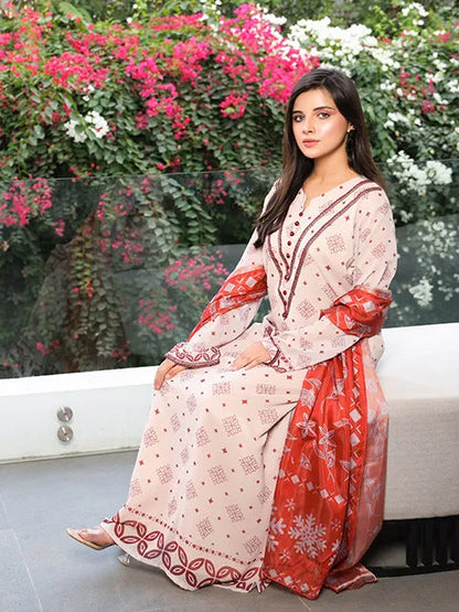 Printed maxi dress in beige with red contrast panels, V-neck, long sleeves