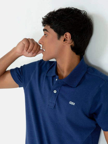Men's blue cotton polo shirt, short sleeves, button placket, chest logo