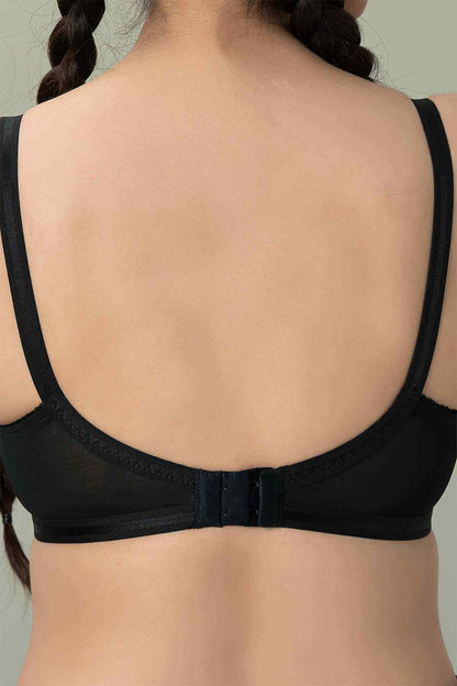 Black bra back with adjustable shoulder straps and lace-trim neckline