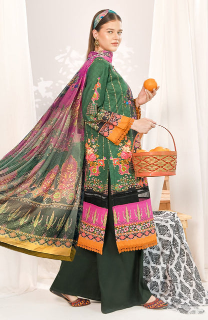 Green embroidered kurta with bright dupatta drape and black straight trousers