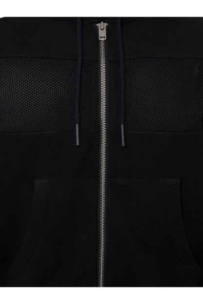 Black hooded jacket: center zipper with two drawstring ties