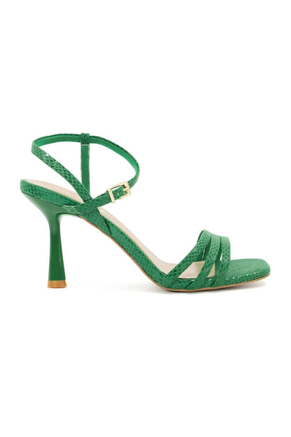 Dune London green strappy heeled sandals with adjustable buckle ankle strap