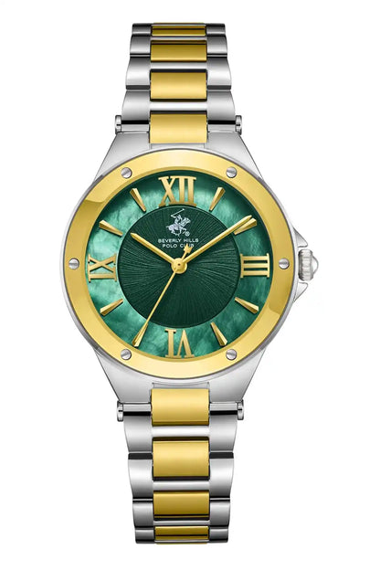 Two-tone wristwatch with green dial and gold Roman numerals; metal link bracelet