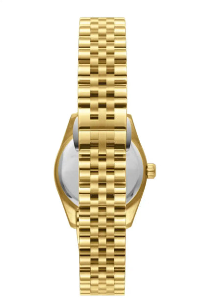 BHPC gold-tone metal wristwatch, side view with crown and link bracelet