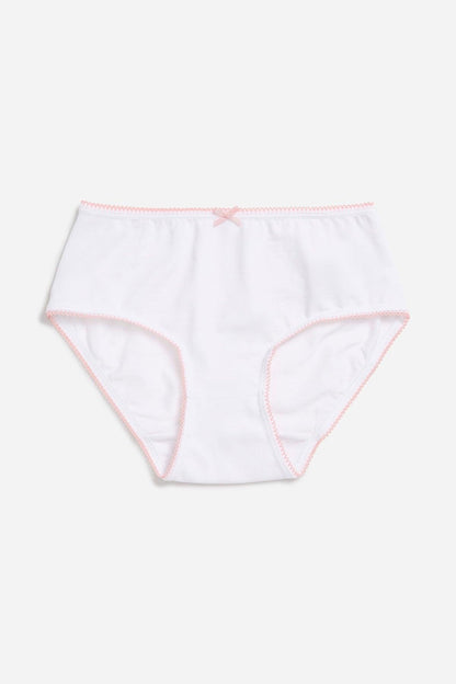 White bikini briefs with pink-trim stitching and elastic waistband
