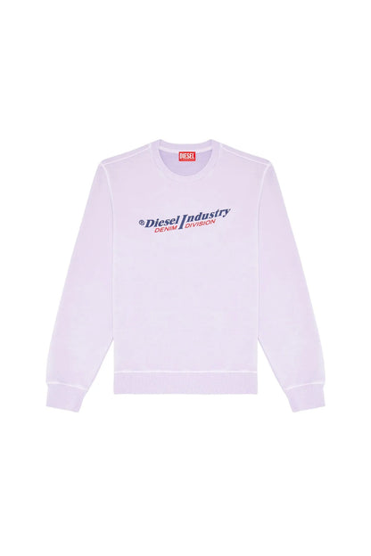 Light purple crewneck sweatshirt with front logo graphic and ribbed cuffs