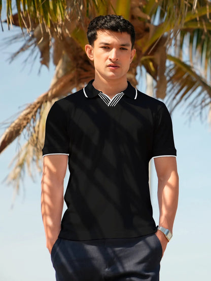 Black cotton polo shirt, striped collar and two-button placket