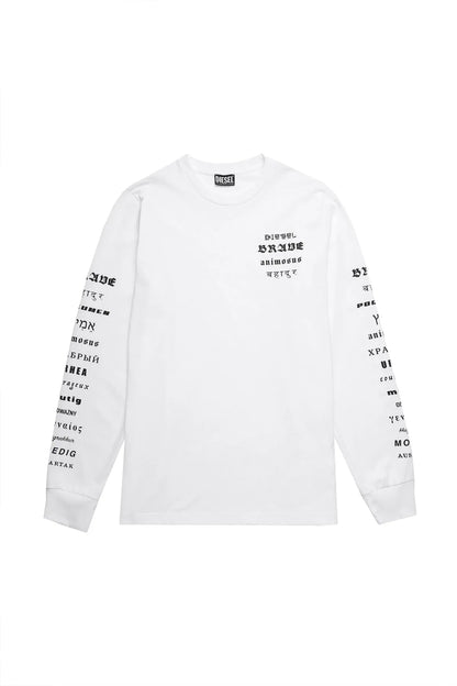 White long-sleeve crewneck sweatshirt, chest graphic and printed sleeve text