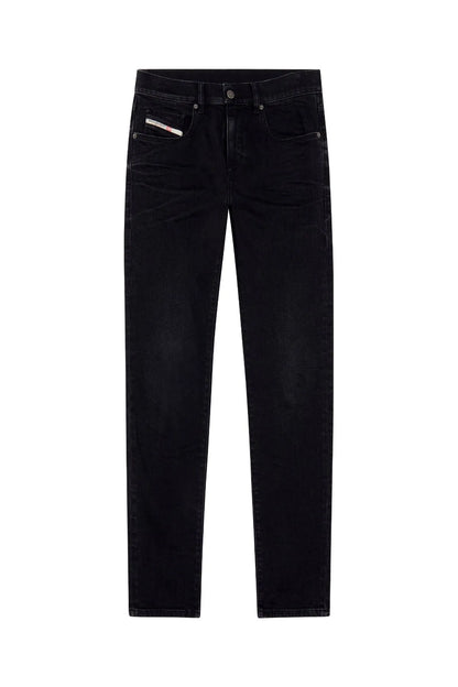 Black straight-leg jeans, front view with button closure and belt loops