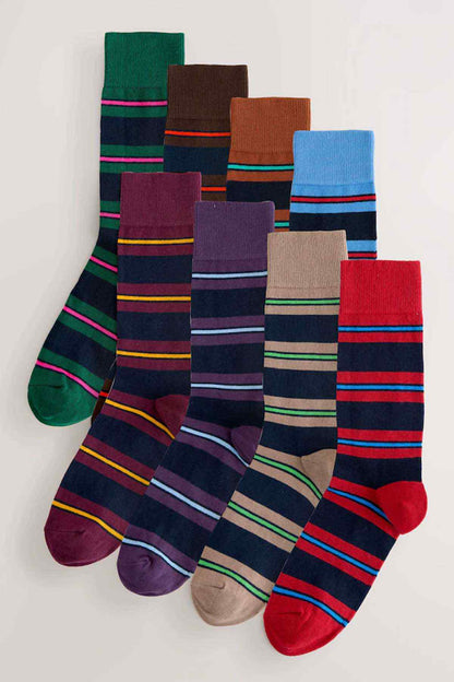 Pack of striped crew socks, assorted colors with multicolor horizontal bands