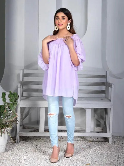 Lilac peasant blouse with off-shoulder neckline and layered ruffle sleeves