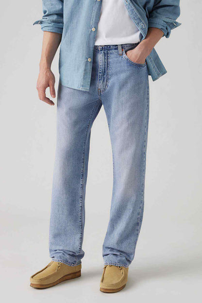 Light indigo denim jeans, straight fit with belt loops and front pockets
