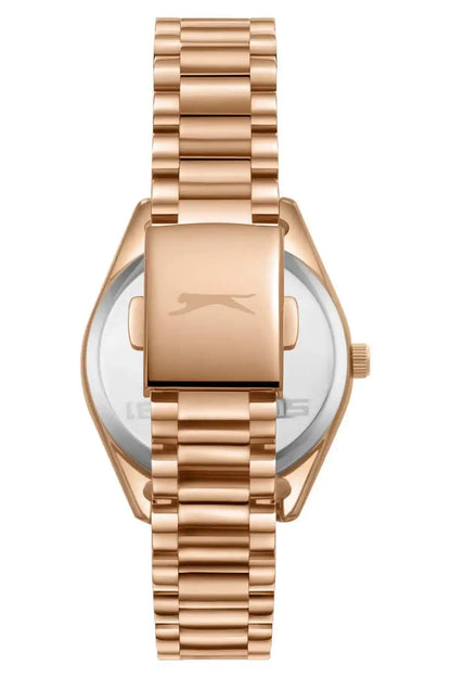 Rose gold wristwatch side/back view with crown and linked metal bracelet