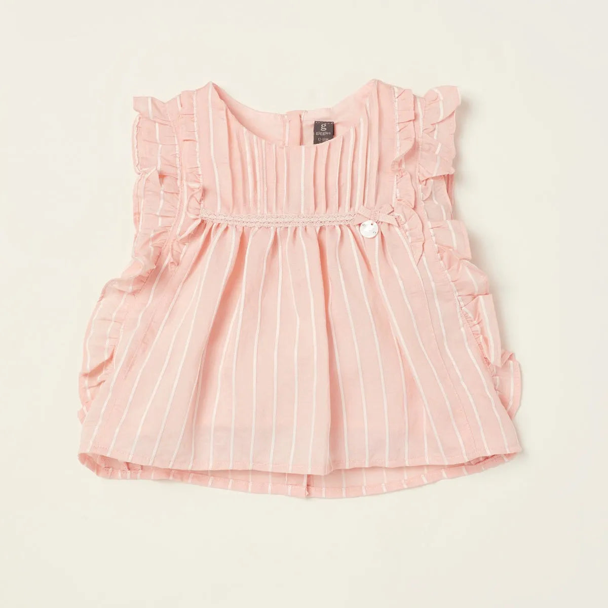 Pink striped baby dress with ruffled sleeves, smocked bodice, and button front