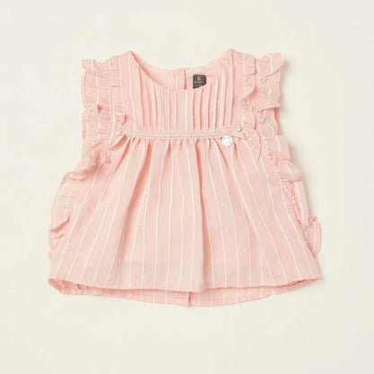 Pink striped baby dress with ruffled sleeves, smocked bodice, and button front