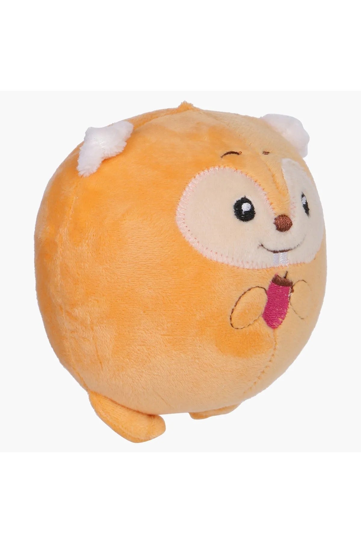 Orange plush hedgehog toy, side view with rosy snout and purple heart bow