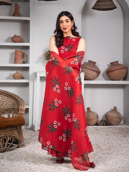 Red floral sleeveless maxi dress with round neck, gathered tiers, flowing floor length