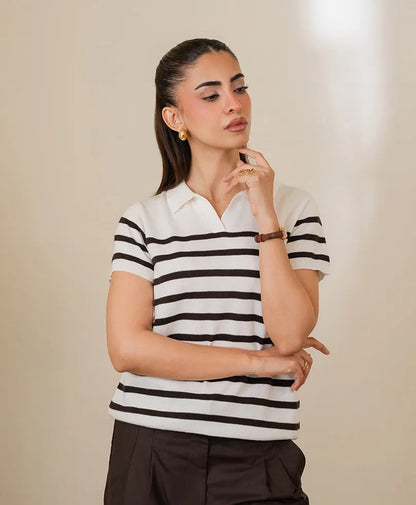 Fitted striped polo shirt with small chest logo, white with black stripes, collared neckline
