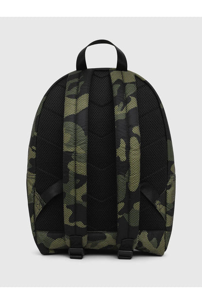 Diesel green camo backpack with mesh back panel and top handle, rear view