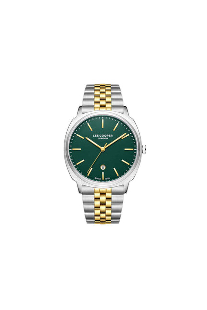 Two-tone wristwatch with green dial, gold markers, and silver-gold metal bracelet