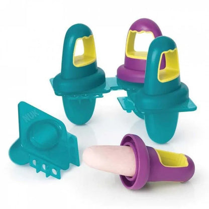 Four teal and purple ice pop molds with yellow openings and handles