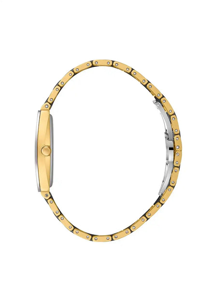 Gold and black metal watch band with circular links and studded detail