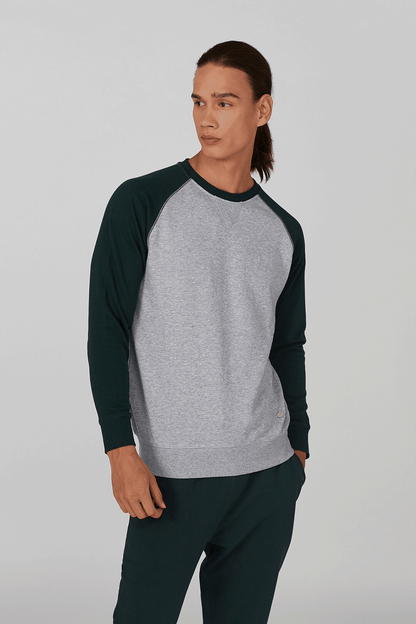 Men's heather-gray raglan sweatshirt with dark green sleeves