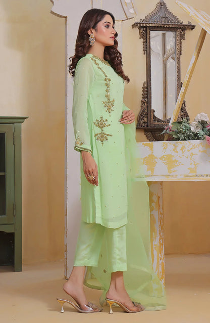Fiona light green embroidered long kurta set, side view with dupatta