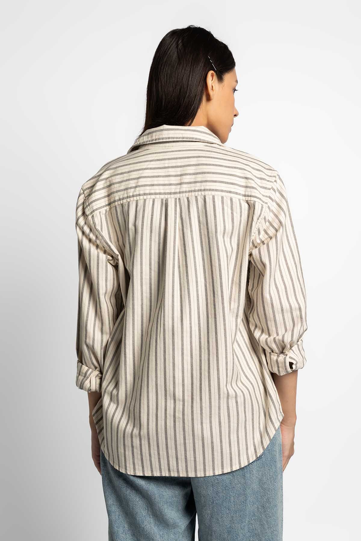 Levi's beige striped button-up shirt, long sleeves, shown from the back