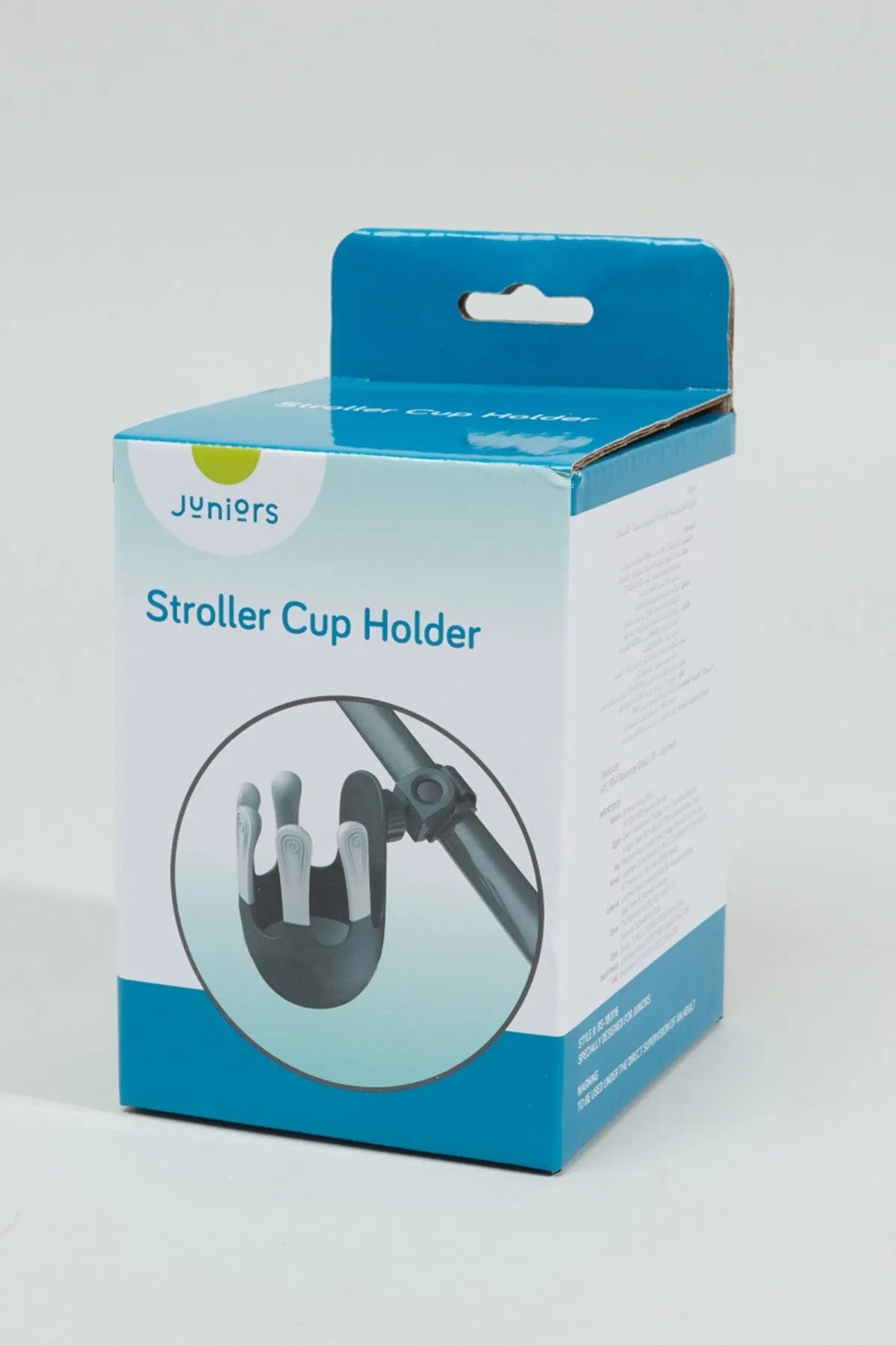 Stroller cup holder package, blue and white box for black holder