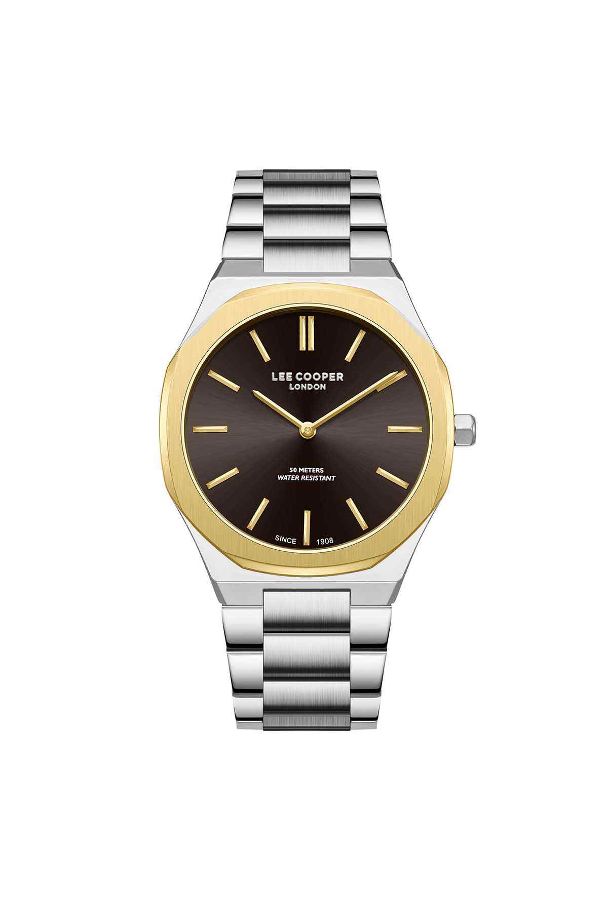 Lee Cooper wristwatch, dark dial with gold bezel, silver metal bracelet