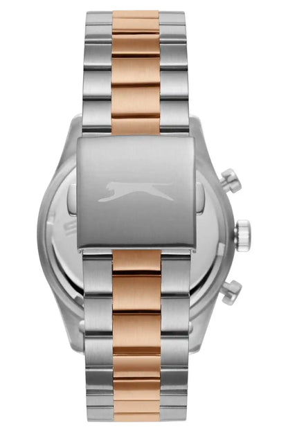 Stainless steel round watch with silver case, rose-gold center bezel stripe, and crown