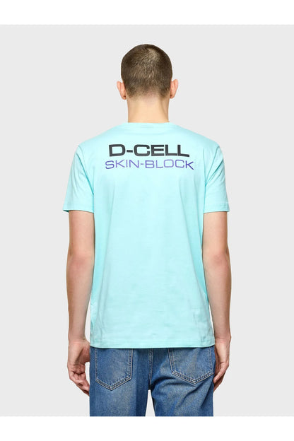 Men's aqua T-shirt back with D-CELL SKIN-BLOCK text and crew neck