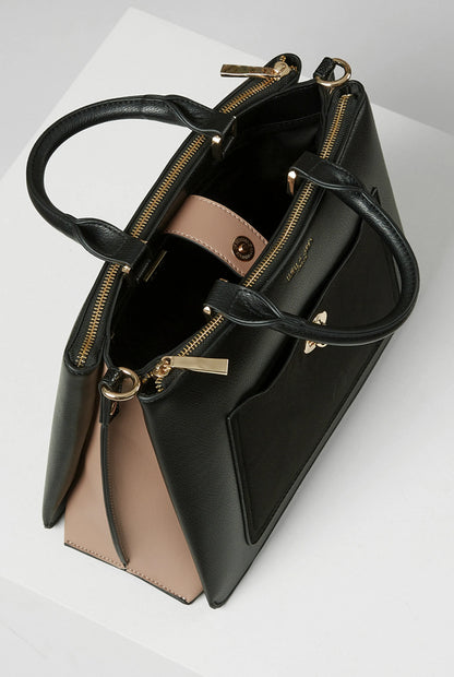 Black Luella Grey handbag open with gold zippers and fabric-lined interior