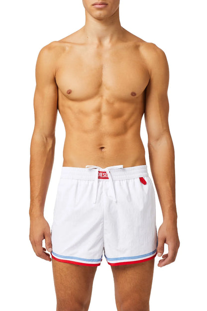Diesel men's white swim shorts with red/blue trim and elastic waistband