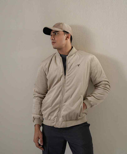 Men's beige zip-up bomber jacket, full front zipper, ribbed cuffs and hem