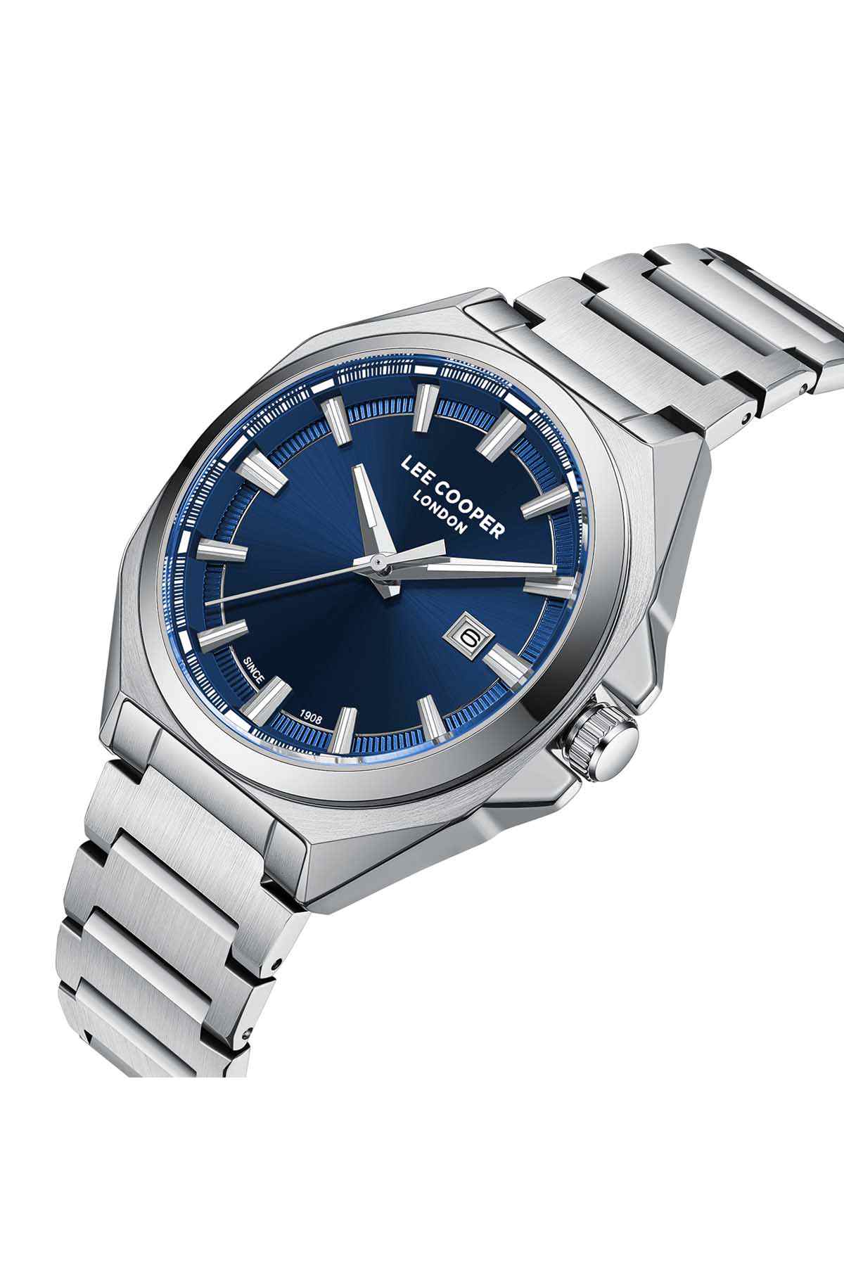 Lee Cooper London watch angled view, blue dial with silver markers and metal bracelet