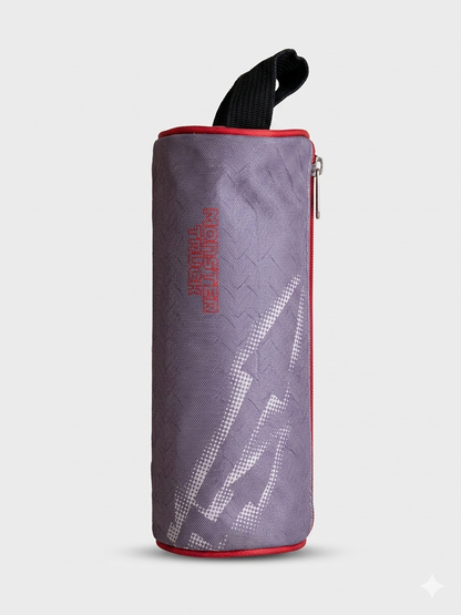 Cylindrical bottle pouch with zipper, red logo and reflective white print, dark strap