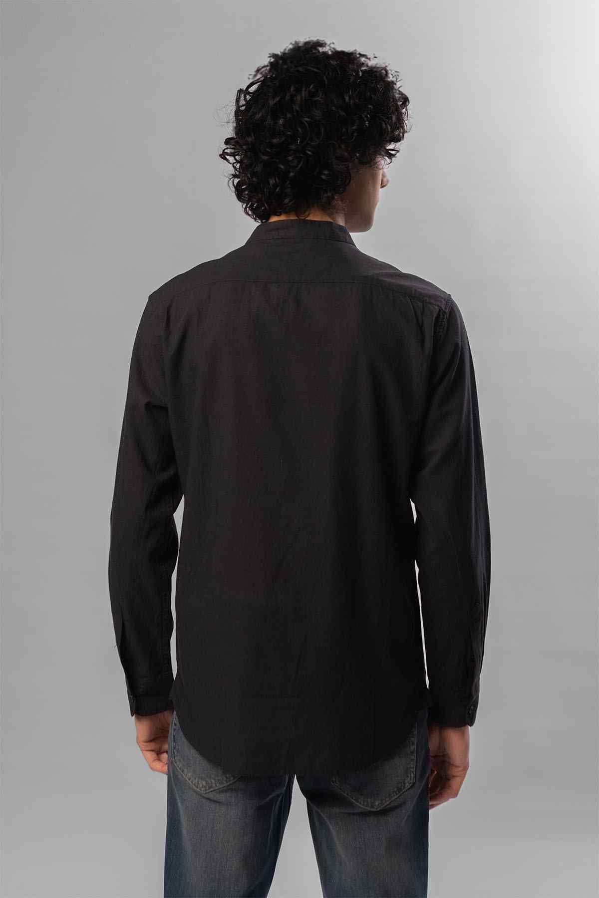 Black button-front long-sleeve shirt, back view