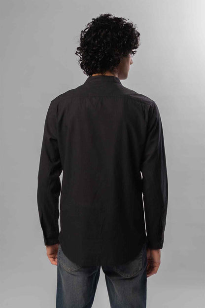 Black button-front long-sleeve shirt, back view